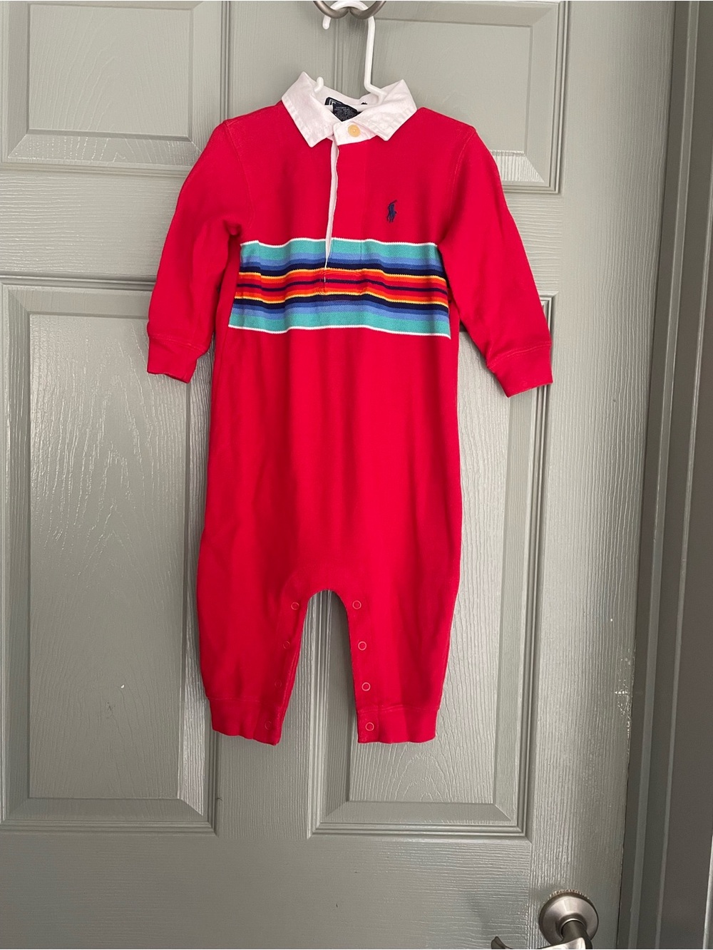 Vintage Polo by Ralph Lauren Red Rugby-Style Striped Baby Kids One-Piece Size 3m